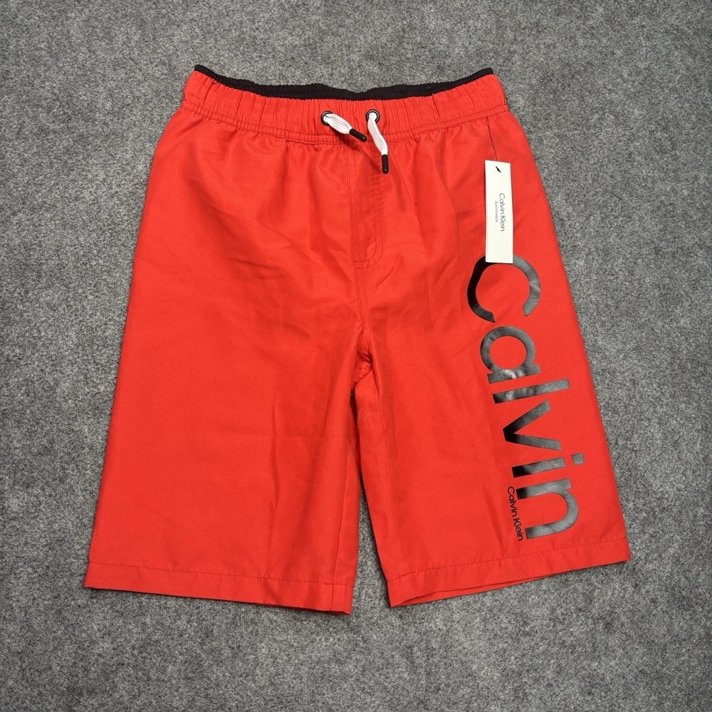 Calvin Klein Boys Swim Trunks Red Logo Board Shorts Size 10/12 NWT